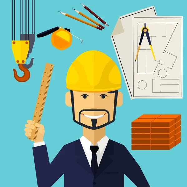 Arquitecto constructor trabajador en su lugar de trabajo — Vector de stock