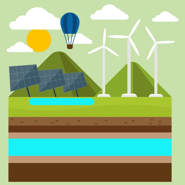 Megújuló energiaforrások, mint a vízenergia, napenergia és a szélenergia — Stock Vector