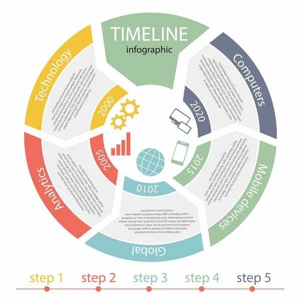 Infografía de línea de tiempo, 5 pasos — Archivo Imágenes Vectoriales