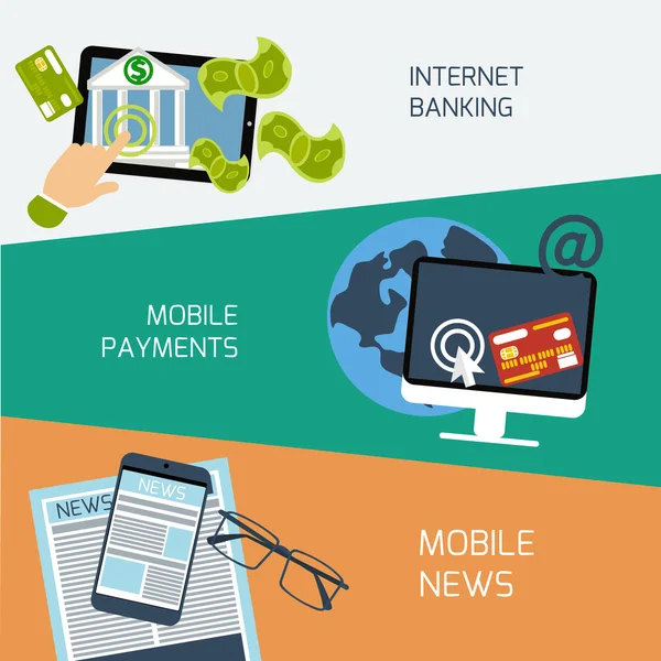 Notícias móveis, pagamentos e internet banking — Vetor de Stock