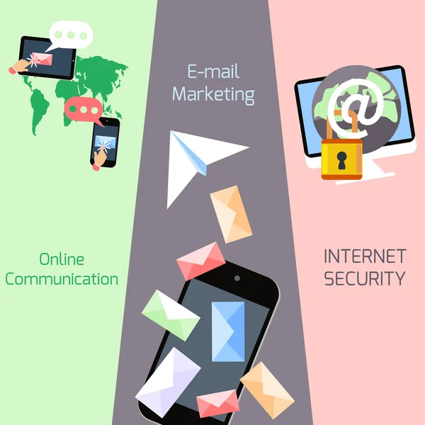 电子邮件营销、 安全、 通信概念 — 图库矢量图片
