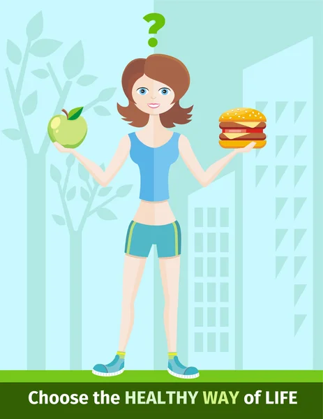 Vrouw kiezen tussen apple en hamburger — Stockvector