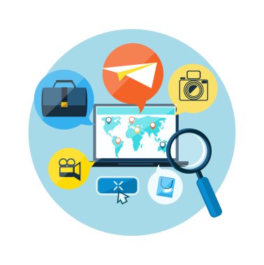 Dünya harita işaretçiler ile dizüstü bilgisayar