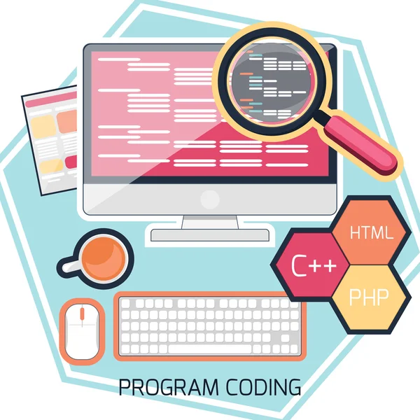 Płaska konstrukcja koncepcja kodowania programu — Wektor stockowy