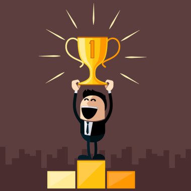 Businessman stands on pedestal holds cup clipart