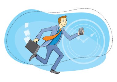 Evrak çantası ve elinde çalışan telefon ile işadamı