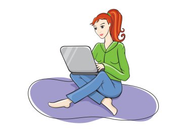 Mutlu kadın kız online dizüstü bilgisayar üzerinde oturan