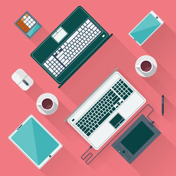 Office desk with laptop, tablet, smartphone — Stock Vector