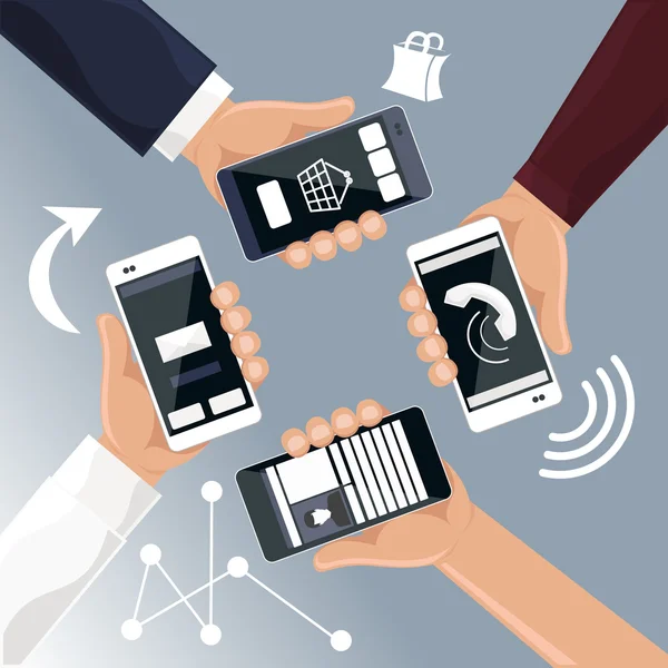 Hands holding smartphones telephones that — Stock Vector