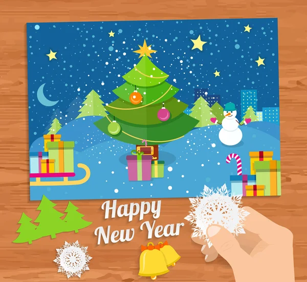 Novoroční přání s vánoční stromeček sněhulák — Stockový vektor