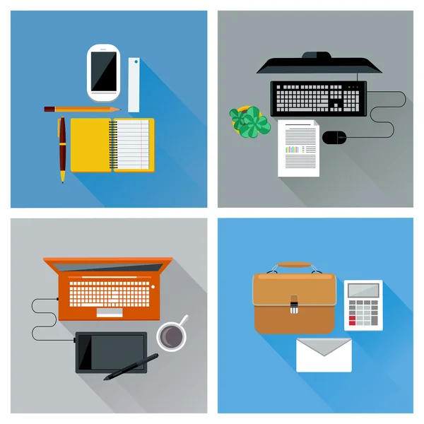 Workplace with digital devices top view icon set — Stock Vector