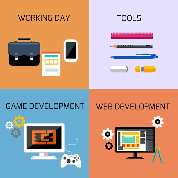 Set di icone per giochi, sviluppo web e strumenti di business — Vettoriale Stock