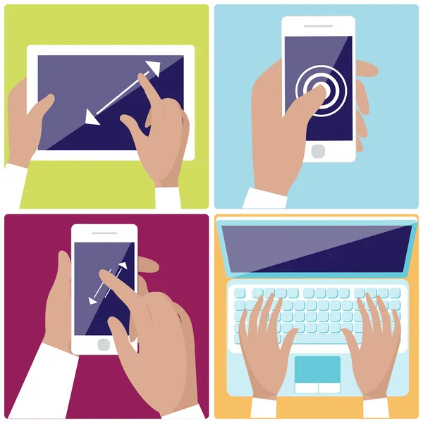 Human hands holding digital devices icons set — Stock Vector