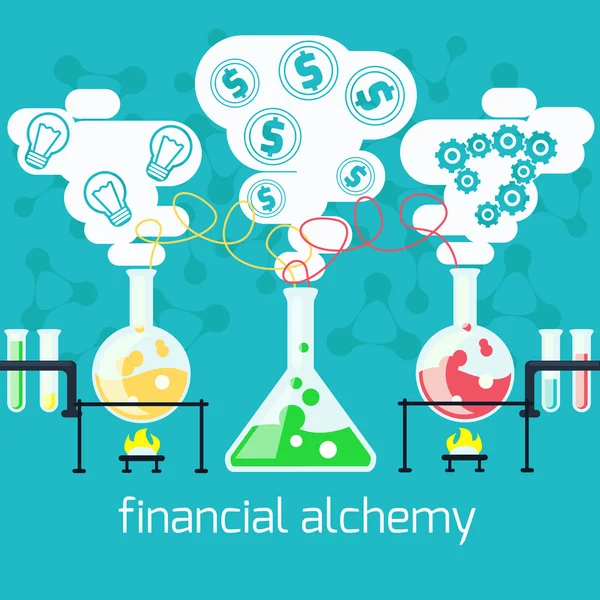 Alchemy generating money, ideas in laboratory — Stock Vector