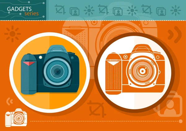 Cámara digital en marco sobre fondo naranja — Archivo Imágenes Vectoriales