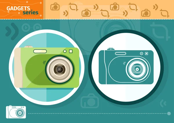 Digital camera in frame on green background — Stock Vector