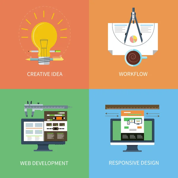 Idée, conception, développement web, ensemble d'icônes de workflow — Image vectorielle