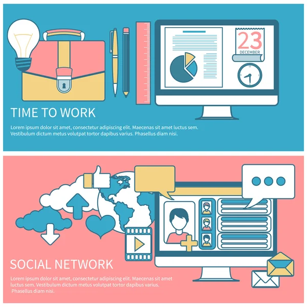 Réseau social et temps de travail — Image vectorielle