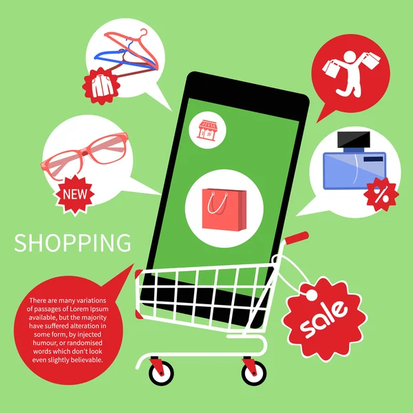 Carrinho de compras online com smartphone — Vetor de Stock
