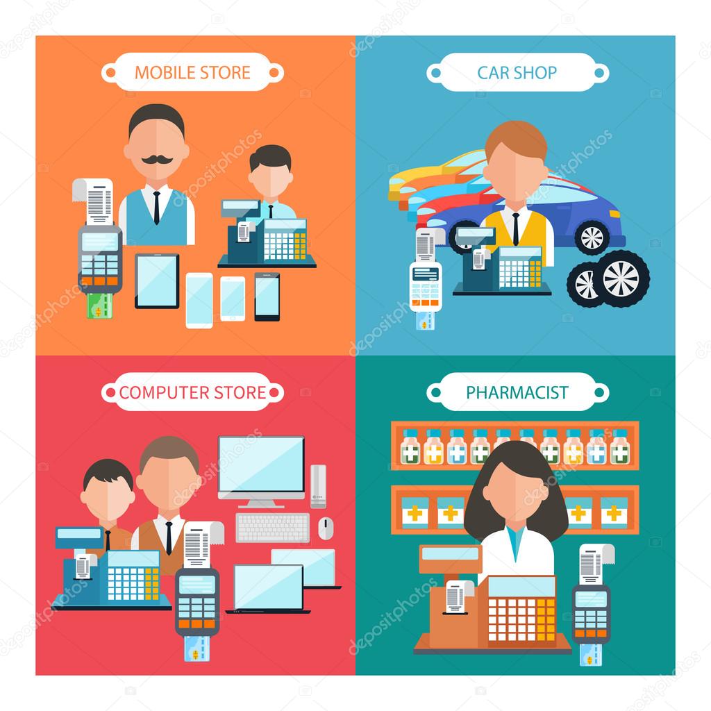 Flat design concept of car shop, mobile atore, pharmacist and computer store wit item icons on four multicolor banners