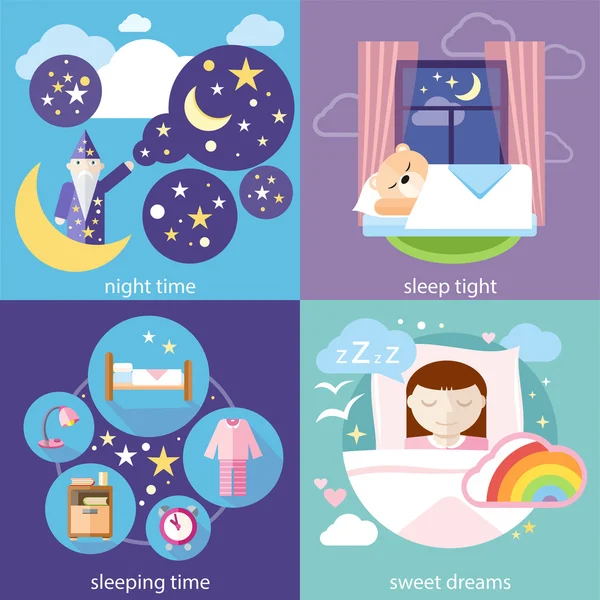 睡觉和晚上时间，甜蜜的梦 — 图库矢量图片