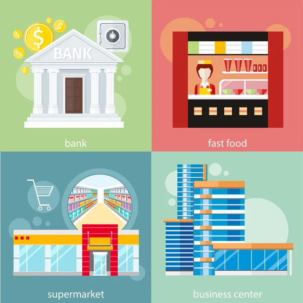 Business center, supermercato, banca, fast food — Vettoriale Stock