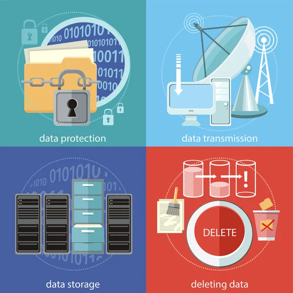 Protección de datos, transmisión, almacenamiento y eliminación — Vector de stock