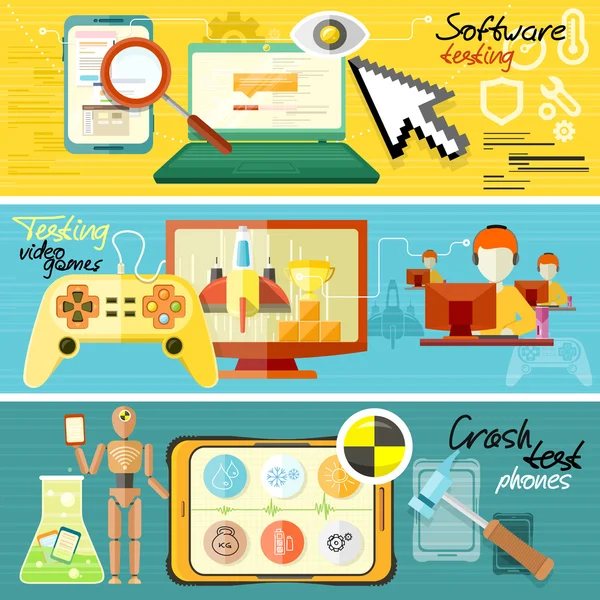 Pruebas de software, juegos y pruebas de choque — Vector de stock