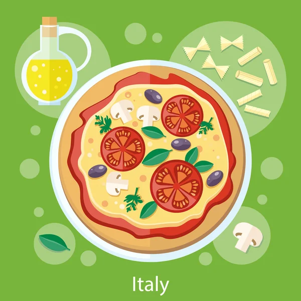Pizza con sus ingredientes — Vector de stock