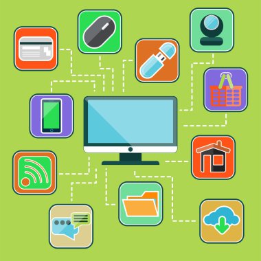 Düz tasarım kümesi web, bilgisayar, telefon simgeleri
