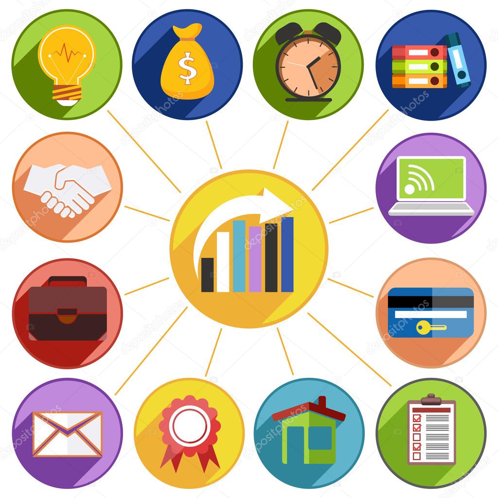 Business management and data analytics icon set