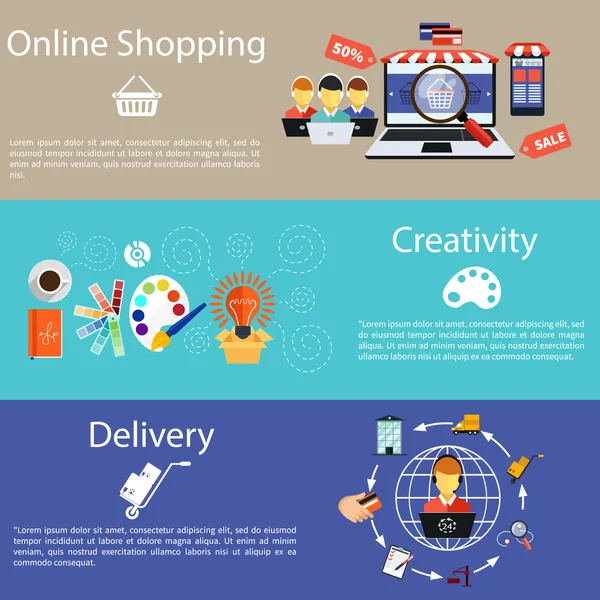 Shopping su Internet, creatività e consegna — Vettoriale Stock