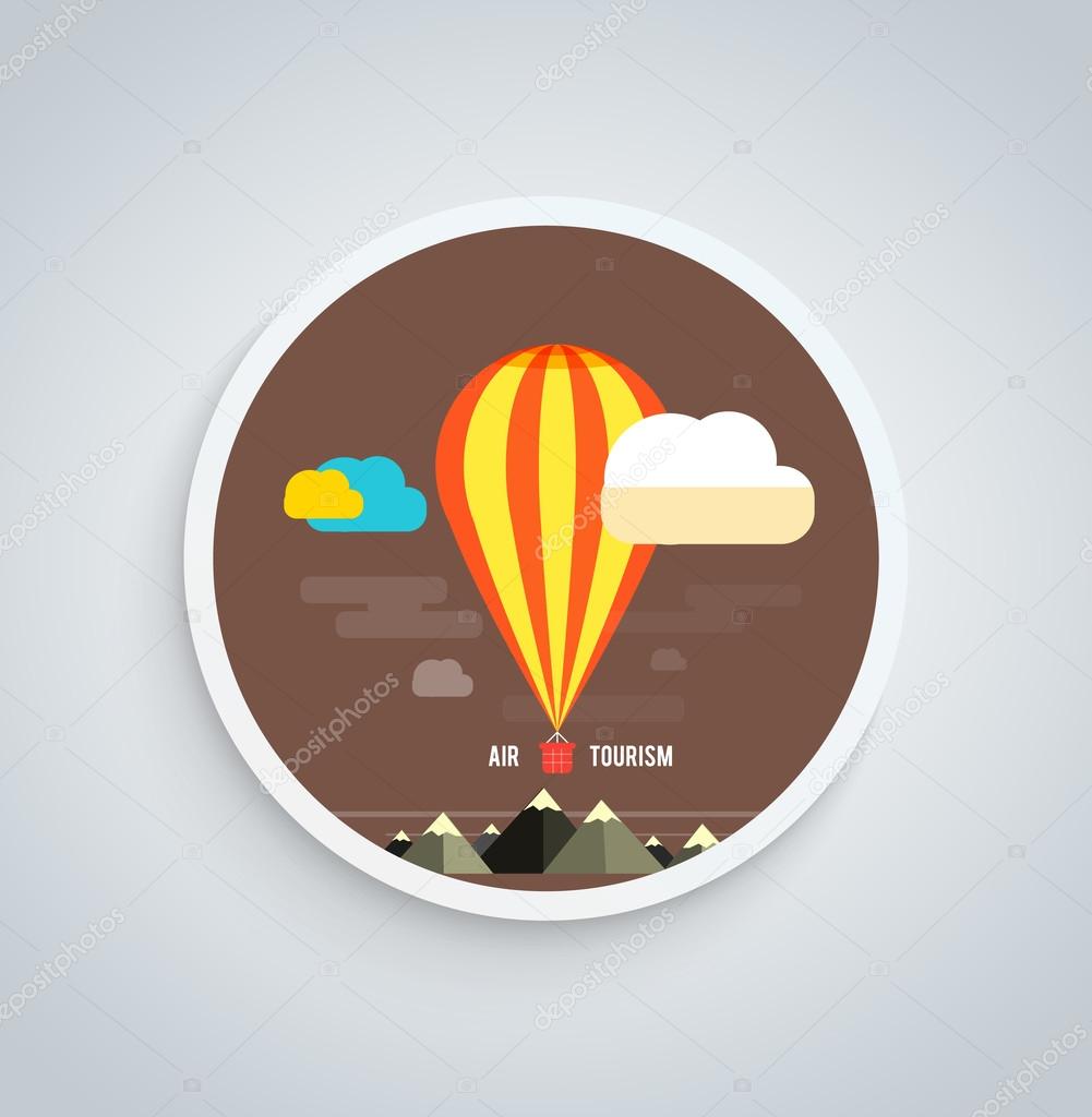 Hot Air Balloon Flying Over Mountain Round Banner