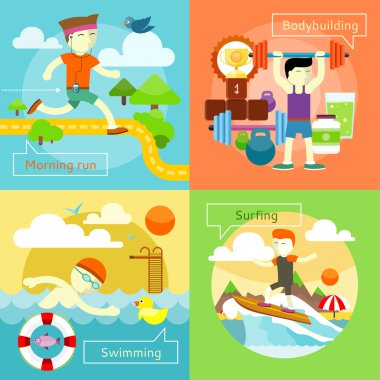 Yüzme, sörf, sabah Çalıştır ve vücut geliştirme