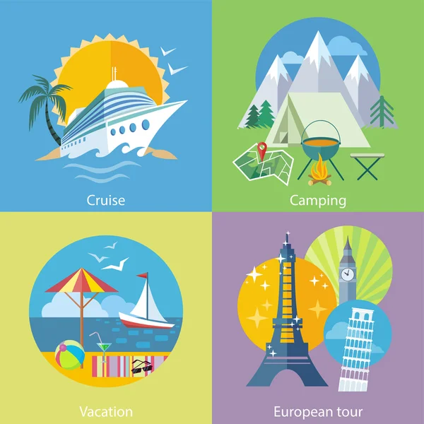 Traveling Tour, Cruise Ship and Camping Concept — Stock Vector