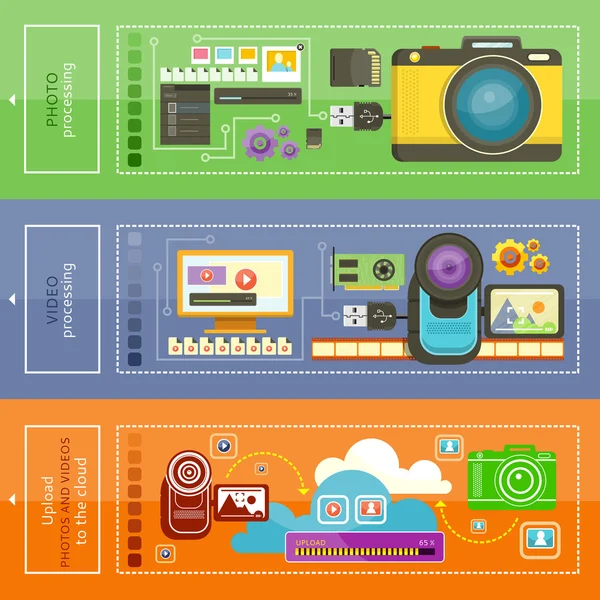 Subir vídeo, Procesamiento de fotos — Vector de stock