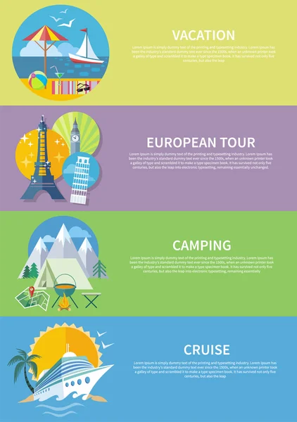 Traveling, Cruise Ship and Camping Concept — Stock Vector