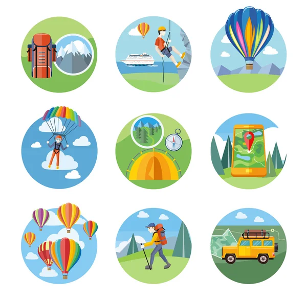 Kirándulás, expedíció, turizmus, ejtőernyőzés, hőlégballon — Stock Vector