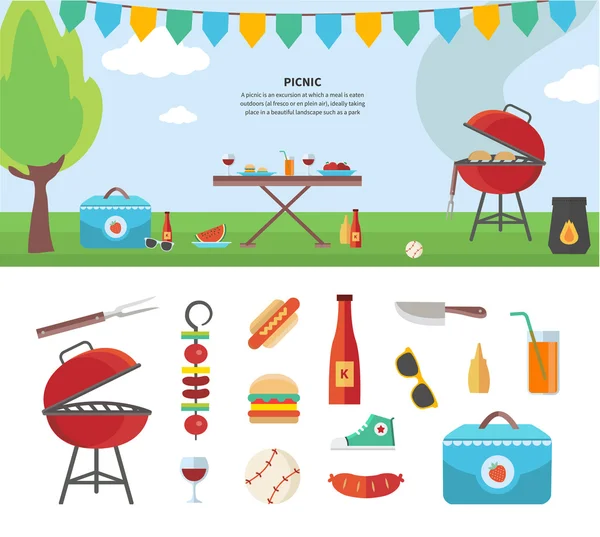 Banner e iconos de artículos de picnic. Concepto de vacaciones — Archivo Imágenes Vectoriales
