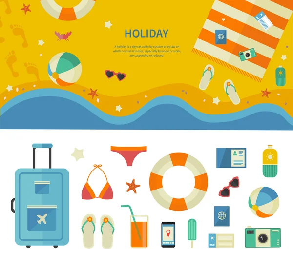 Banner e iconos del concepto de viaje de vacaciones en el mar — Vector de stock