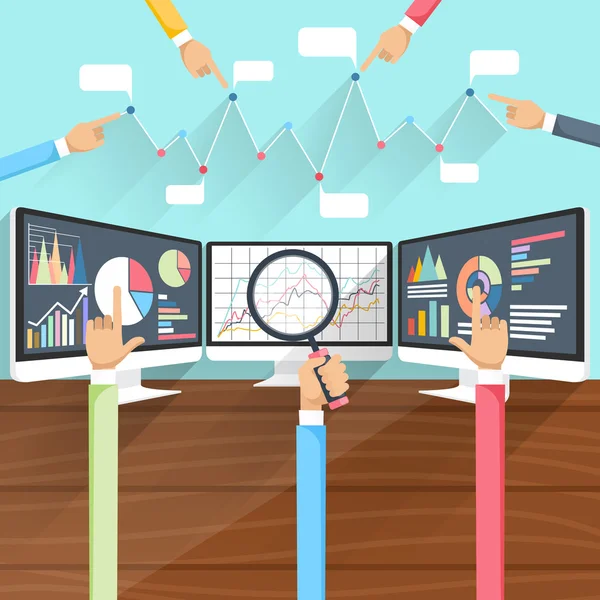 Stock Exchange Rates on Monitors with Hands — 스톡 벡터