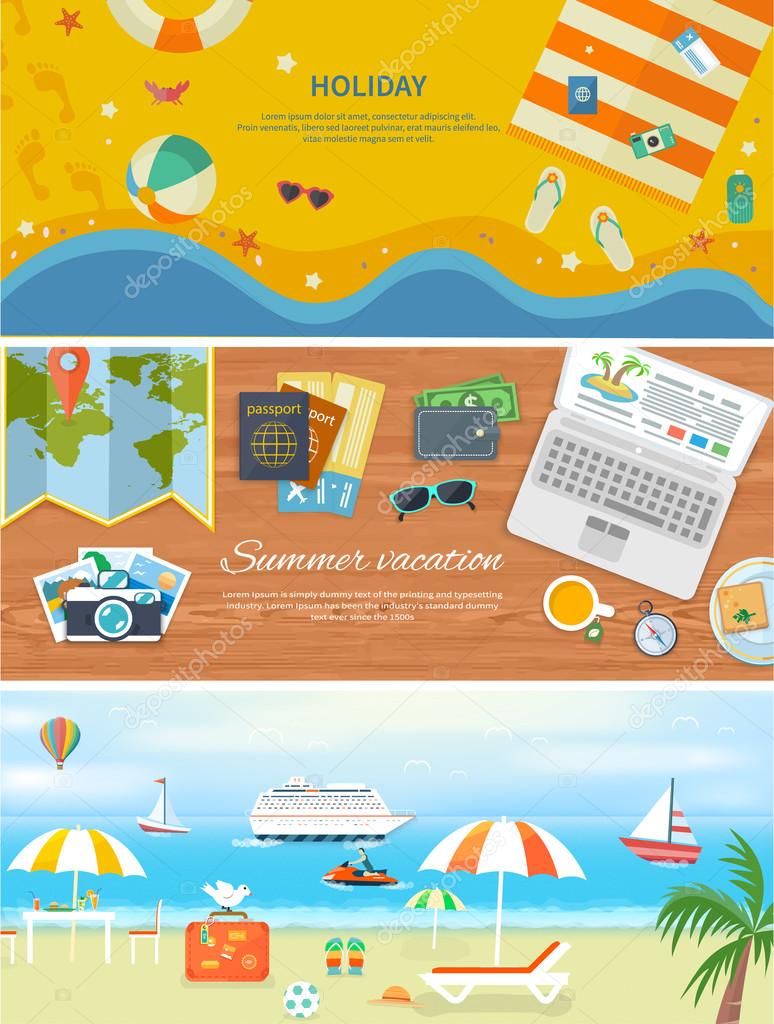 Beach Holidays In Flat Design Detailed Web Banners Stock Vector