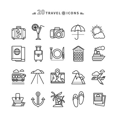 Set of Outline Travel Icons on White Background