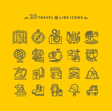 Set of Black Travel Icons on Yellow Background