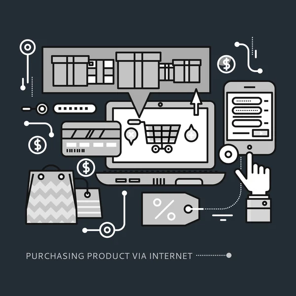 Einkauf, Lieferung Produkt über Internet auf schwarz — Stockvektor