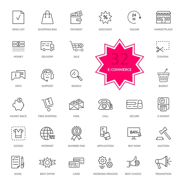 Set di E-commerce Sottile, linee icone — Vettoriale Stock