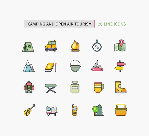 Línea Iconos Camping Equipo, Turismo al Aire Libre — Vector de stock