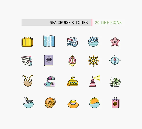 Set of Thin Lines Icons Sea Cruise and Tour — 스톡 벡터