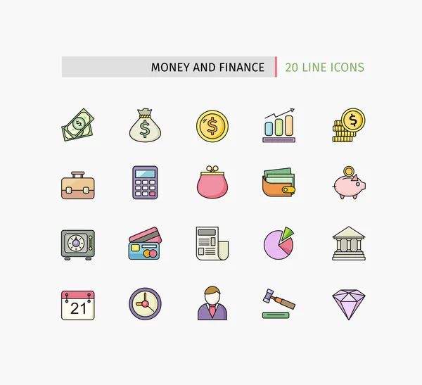 Iconos planos de línea delgada de dinero y finanzas — Vector de stock