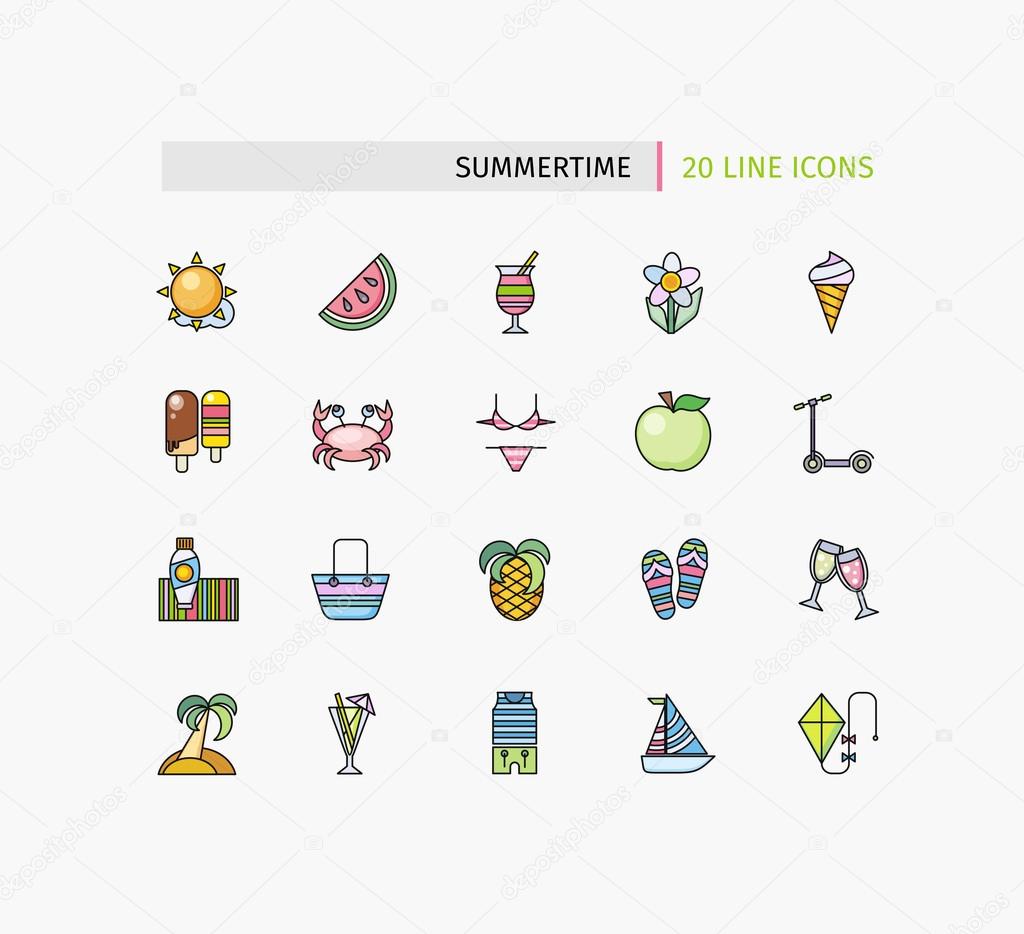 Set of Thin Lines Icons Summertime